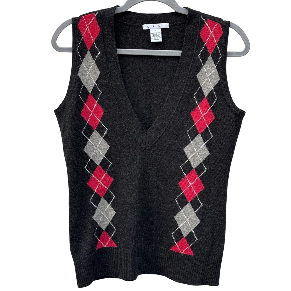 Cabi Womens Argyle Sweater Vest Dark Gray Red Gray Size S 100% Lambswool